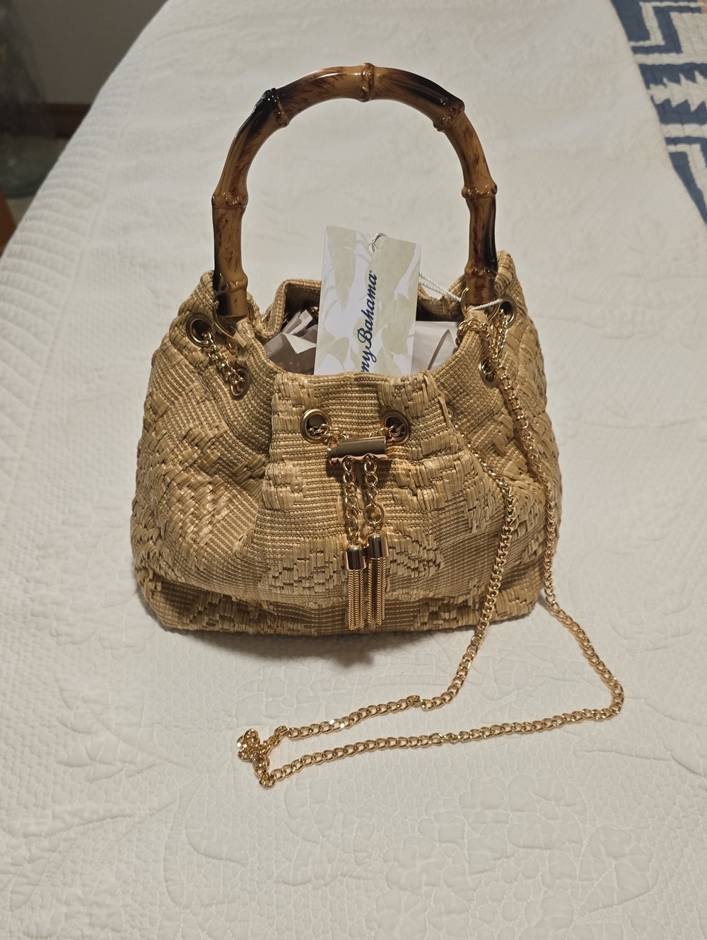 Tommy Bahama, Woven Straw Bucket Bag with Bamboo Handle - Natural Tan